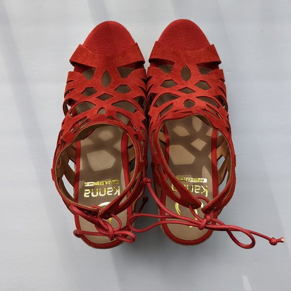 KANNA Cortina Espadrilles in Red Suede Leather Platform Wedge Size US 7 EU 37 - Picture 7 of 8